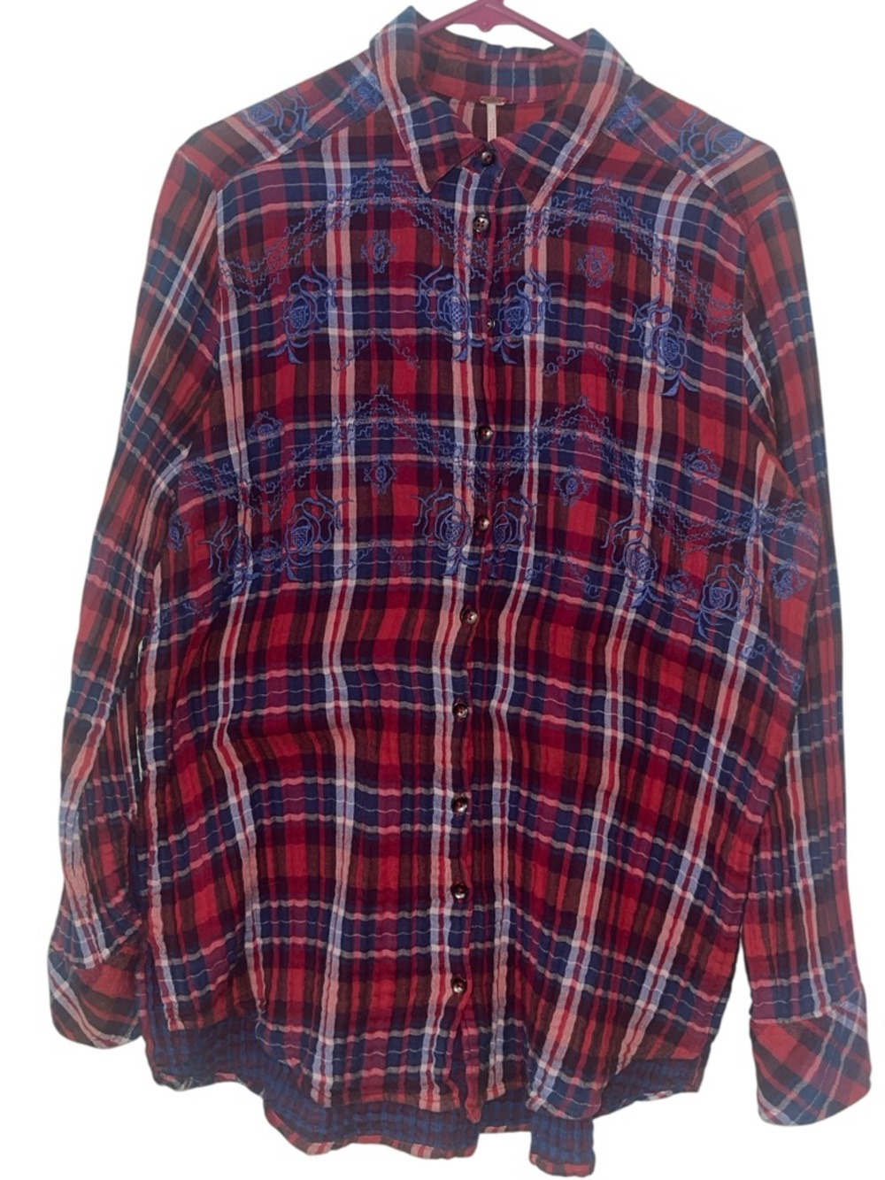 Free People “Magical” plaid button down embroidered shirt. Size large GUC - Picture 2 of 8